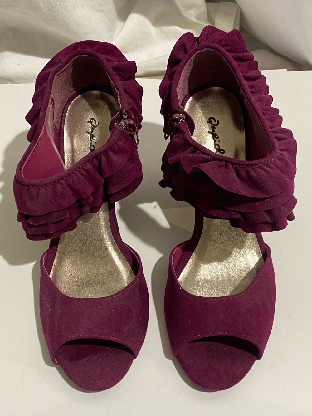 Qupid Women's 7.5 Magenta Purple Coquette Ruffle Ankle Strap Peep Toe Cone Heels